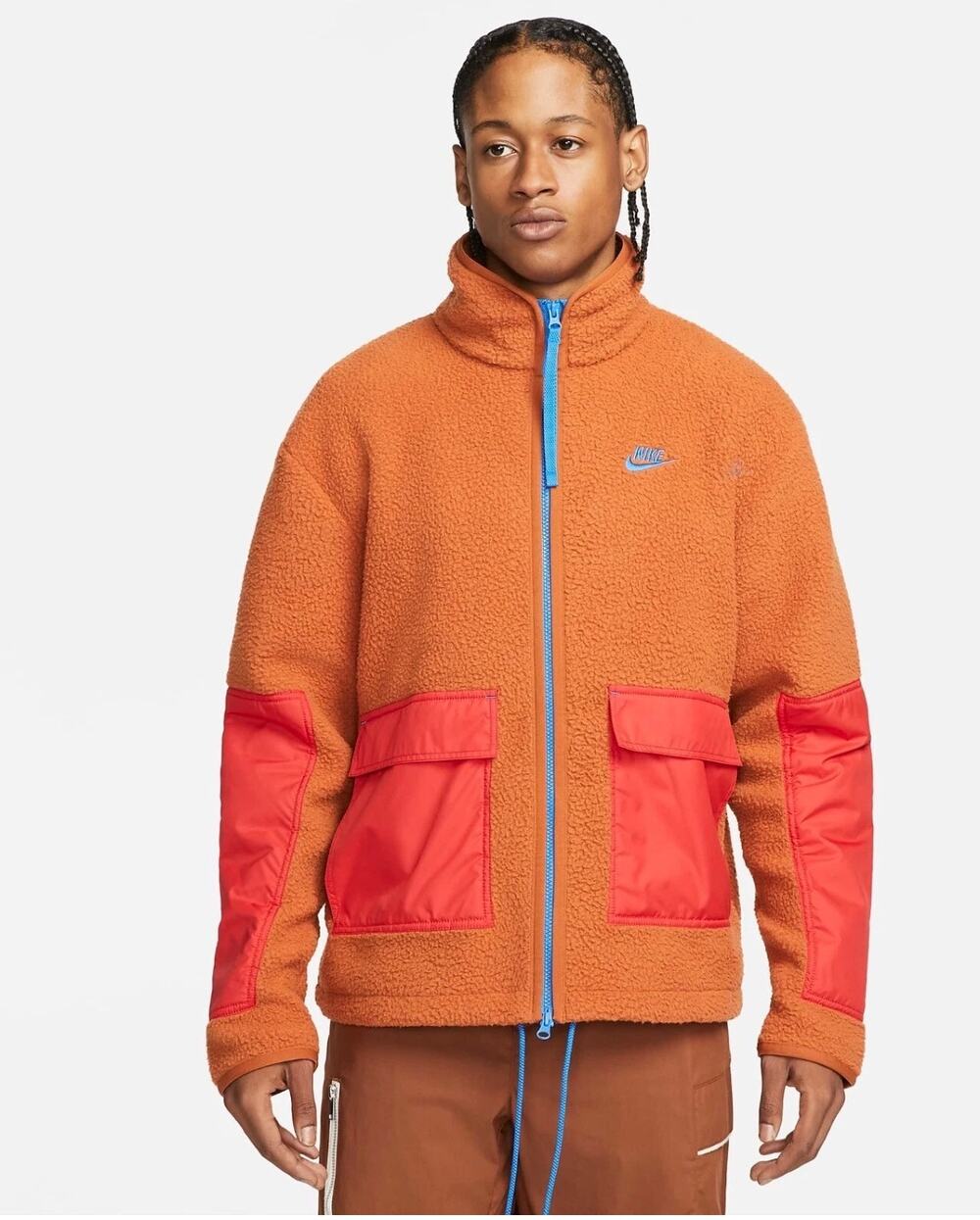 Nike Sportswear Men’s Sherpa Fleece Jacket Orange Red Blue Full Zip Large